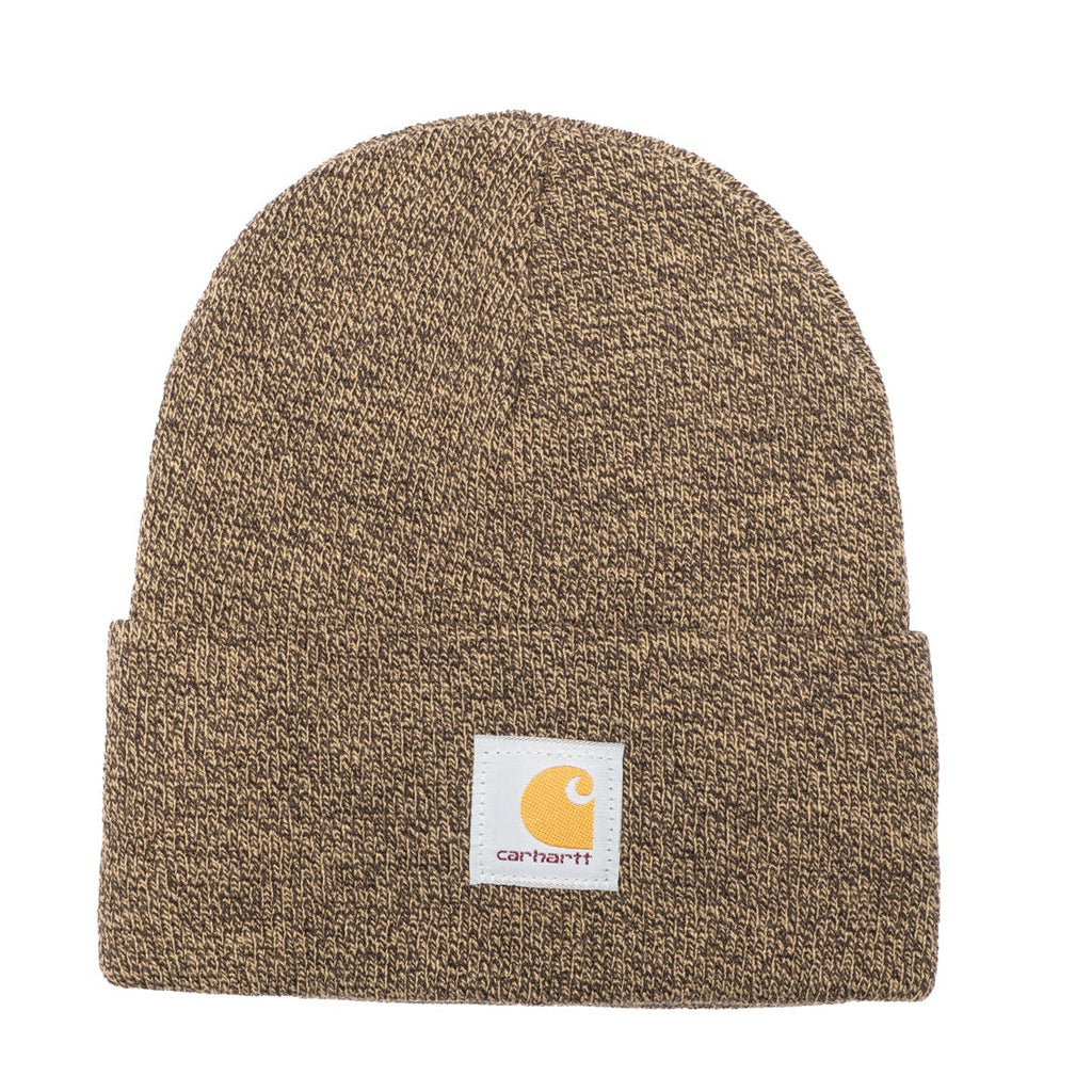 A brown and beige heathered knit beanie hat with a white Carhartt brand patch on the front cuff, set against a plain white background.